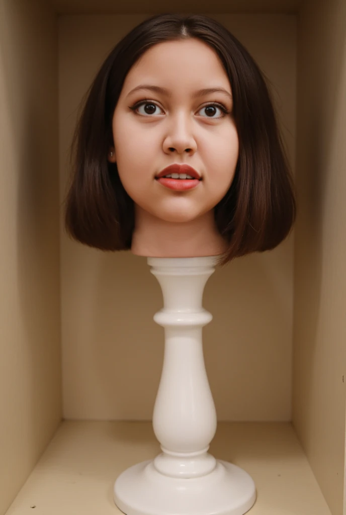 Photo of pretty 25 year old woman's disembodied head mounted on top of a simple pedestal. Brown, medium length hair. Scared facial expression. She has a frightened facial expression. Pedestal is sitting in a shelf. 