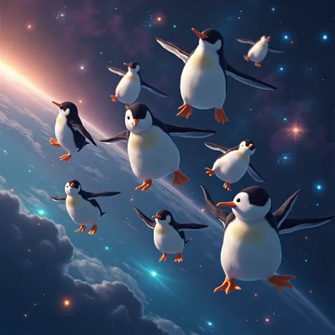 Penguins disc in space, surrounded by twinkling stars and colorful nebulae