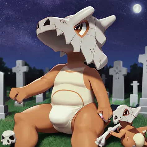 solo, pokemon (creature), thick diaper, ( cubone:1.2), no humans, skull, claws,( bone:0.5), blurry background, cemetery, night, sitting, focus on face, portrait,