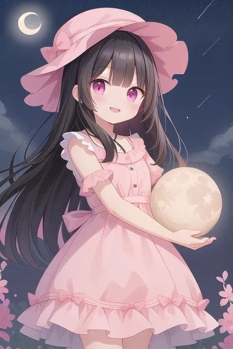 . A black-haired man in a neat dress holding pink hair,  Pink Eyes , Cute style dress with hat . bright smile ,  night background ,  looking at stars and moon . Long-haired girl