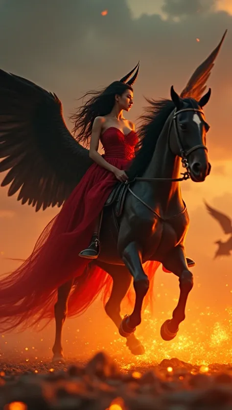  fantastic beauty、live-action、 Hi-Res、16k、A reality close to fantastic fantasy、Two blazing black horses in a jet black sky, pulled by a blazing chariot, beautiful black hair, long hair, spreading black wings, a fallen angel with two black horns in a tight,...