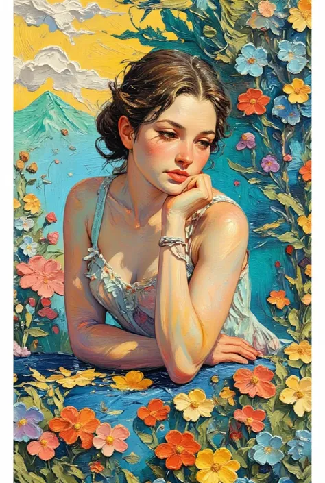 bright color, beautiful style, illustration, Poses where a woman supports her chin with her hands, Elegant painting,