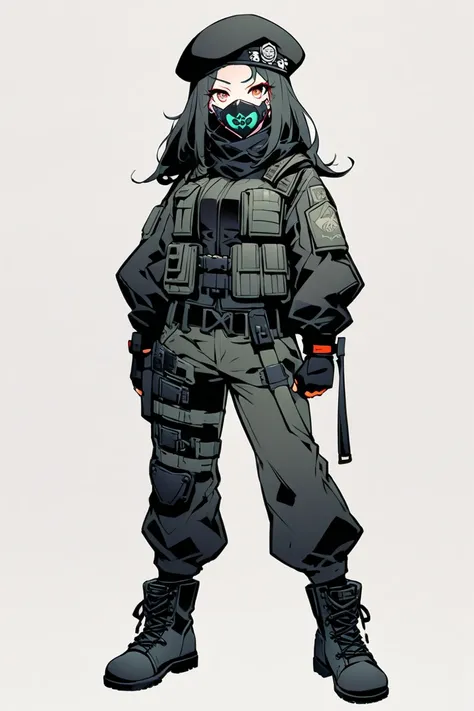  Cyberpunk Ninja Action Novel。 One Female Sergeant Ninja。((white background illustration ))。(( full body illustration))。(( Standing))。Military-style cyberpunk mask around the mouth。Special Forces Meita Black Military Ninja Outfit。Wear combat boots 、 wears ...