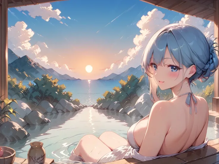 (   Top Quality)(  Artistic  )( beautiful face) onsen,  horizon, ocean, sunset
