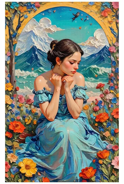 bright color, beautiful style, illustration, Poses where a woman supports her chin with her hands, Elegant painting,