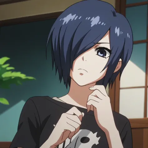 score_9, score_8_up, score_7_up, source_anime, anime screencap, 1girl, solo, kirishima touka, blue hair, hair over one eye, blue eyes, black t-shirt, cute face, 