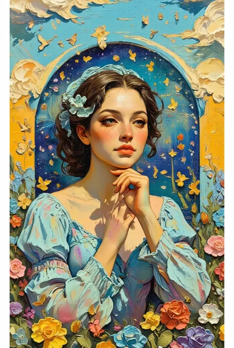 bright color, beautiful style, illustration, Poses where a woman supports her chin with her hands, Elegant painting,