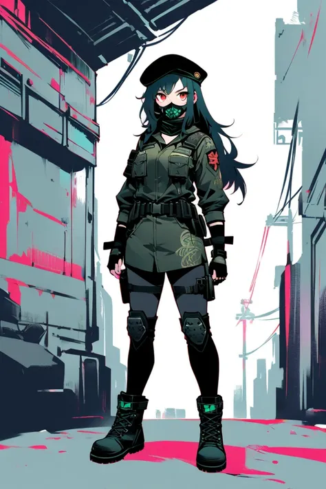  Cyberpunk Ninja Action Novel。 One Female Sergeant Ninja。((white background illustration ))。(( full body illustration))。(( Standing))。Military-style cyberpunk mask around the mouth。Special Forces Meita Black Military Ninja Outfit。Wear combat boots 、 wears ...