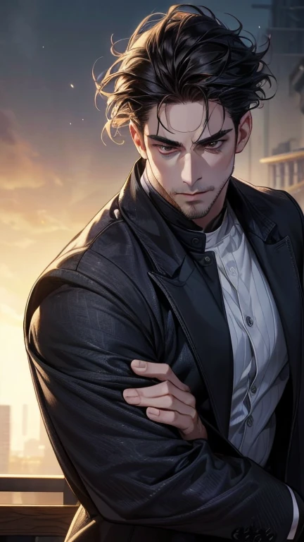 (   best quality ,4K,8k,  highres,  masterpiece:1.2),  ultra-detailed,(realistic,photorealistic,photo-realistic:1.37),36-year-old man,3 day beard,cute anime ,Portraits,strong,Masculine,  dark hair,sharp jaw,    mesmerizing eyes    ,  perfectly combed hair,...