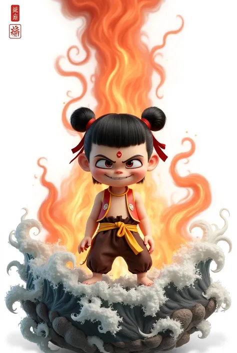 nezha,Chinese black and white ink painting,nezha,Chinese black and white ink painting,overall illustration style,nezha,This is a digital CGI image of a young,anime-style boy with black hair in twin buns,red eyes,and a mischievous grin. She wears a sleevele...