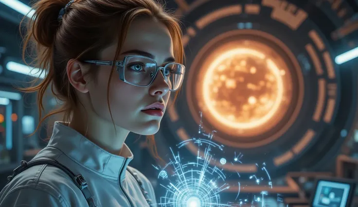 "A brilliant female scientist specializing in astrophysics and stellar engineering, wearing a sleek but practical white and gray research suit. The suit is lined with radiation-resistant fabric, featuring subtle holographic displays on her sleeves for data...