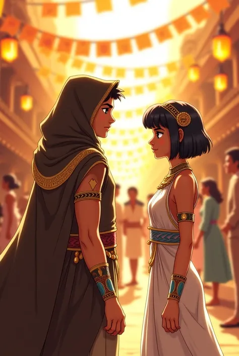 *"An anime-style illustration set in ancient Egypt during the grand festival of Bastet. The golden afternoon sunlight filters through colorful banners and lanterns, casting a warm glow over the lively marketplace. Merchants call out their wares, and the sc...