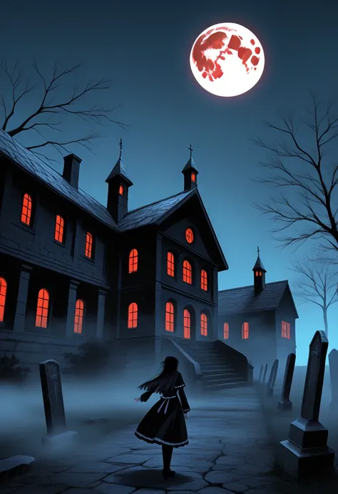 In a desolate, gothic-style abandoned manor, thick fog shrouds the eerie surroundings. A blood-red full moon hangs in the night sky, casting an ominous glow on the dilapidated windows and crumbled stone pillars. The estate is surrounded by withered trees, ...