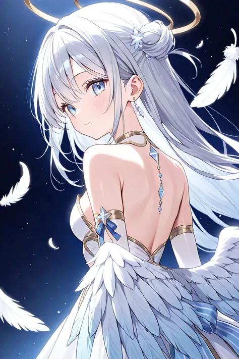 silver-haired girl、Angel、 with feathers growing on their backs 、 hair is long、beautiful、 cute、 beautiful、 Fantastic、Celestial、white、light blue