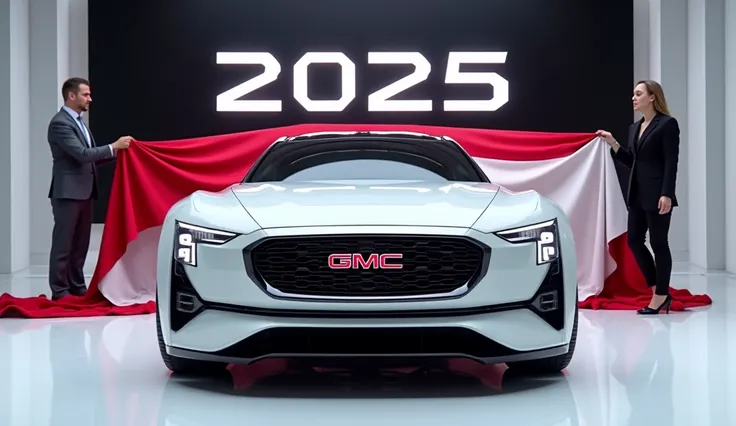 A captivating image of a (2025 GMC)center stage in a luxurious white showroom. The futuristic, vibrant (full white) exterior gleams, showcasing its sleek, aerodynamic design and bold accents. The words (2025 GMC) are prominently displayed in large, metalli...