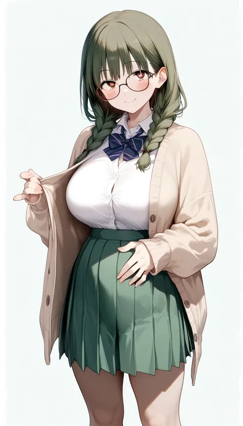 ((score_9_up score_8_up score_7_up)), source_anime,(character portrait),((perfect face, high detailed eyes, ultra detailed, textured skin)), 1Japanese girl ,(green long braided hair),A gentle expression,(droopy eyes),(brown eyes),smile,glasses,blush,height...