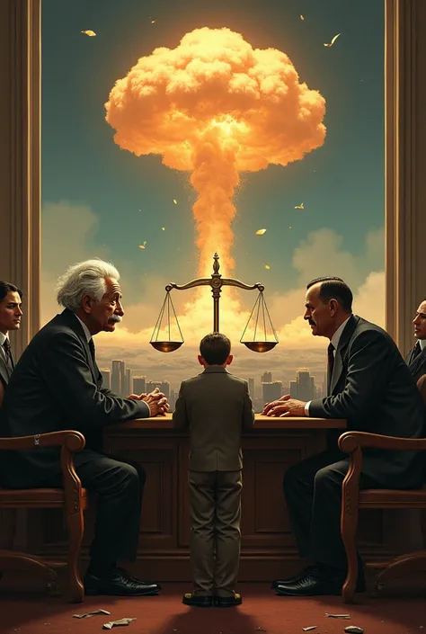 
The generated image depicts a digital painting inspired by Greg Rutkowski, with Einstein remorseful on the witness stand, Oppenheimer conflicted at the defense's podium, Hitler sinisterly watching, victims of nuclear weapons & testing marked by injuries, ...