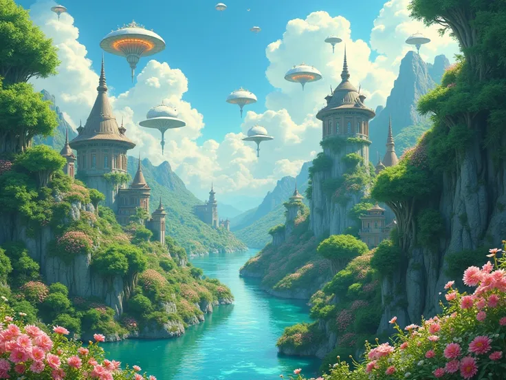 "Un paysage enchanteur mêlant nature luxuriante et technologie futuriste, inspiré du style de Hayao Miyazaki. Une vallée verdoyante parsemée de fleurs lumineuses entoure une ville suspendue aux formes organiques, avec des bâtiments flottants recouverts de ...