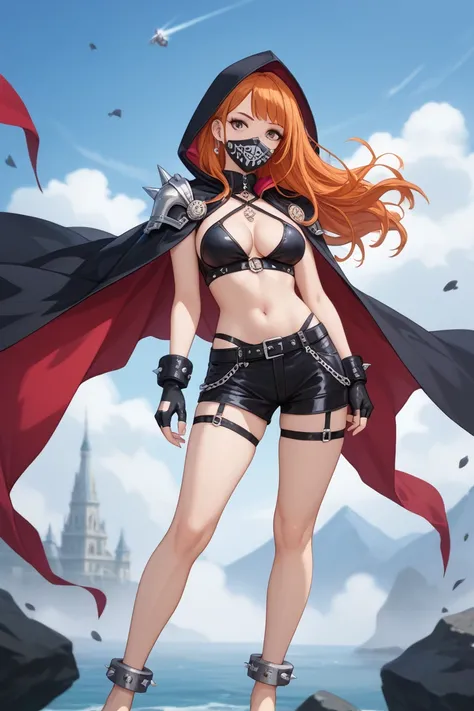 For an executioner-inspired outfit for Orihime Inoue, while keeping her navel and feet visible, here’s the design:

Top

A cropped, black leather halter top with metallic buckles and straps, exposing her navel.

The top has a high collar and cut-out detail...