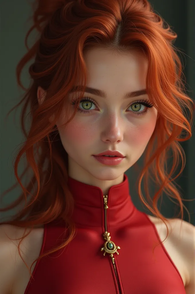  Create an ultra-realistic portrait of a 20-year-old woman ,  green eyes, red-haired, well-shaped and defined eyebrows , fit body, personal trainer.  the image must have a high resolution,  detailed skin texture ,  natural lighting and soft shadows for gre...