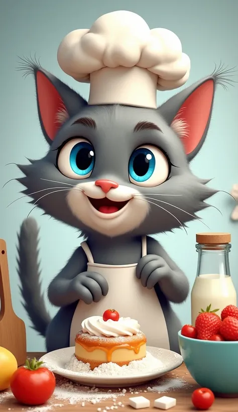 a  cartoonic cat with grey skin blue eyes with chef cap. there is flour,water,milk and other ingredients near the cat