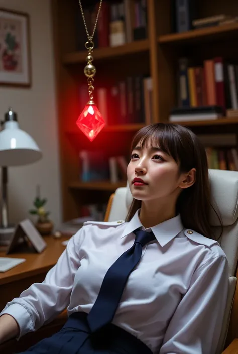 ((Sexy beautiful Japanese woman, a self defense officer uniform, white shirt, short sleeves, navy blue tie, navy blue pencil skirt, Black patent high heels) :1.5), beautiful hip-line, Beautiful thighs, She is sitting in a recliner with a tilted back, under...