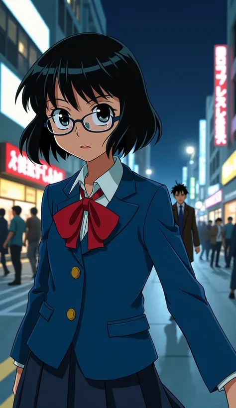 A young girl detective with short, neatly combed black hair and sharp, intelligent eyes, wearing a blue blazer, white shirt, red bowtie, and skirt, similar to the classic detective look. She’s focused and determined, quietly following a suspicious individu...