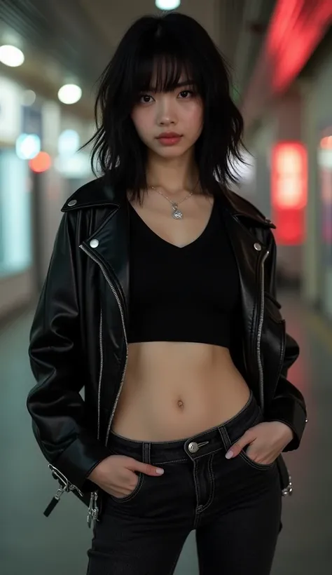 The real picture　 high image quality　 the focus is correct 　 by Nomi　 black hair　Short-haired black plain shirt 　 I can see my belly button　 girl with eight pack abs　pure　 pure 　Jeans with a short top from the crotch
The eyes are black　 upper body　dark bla...