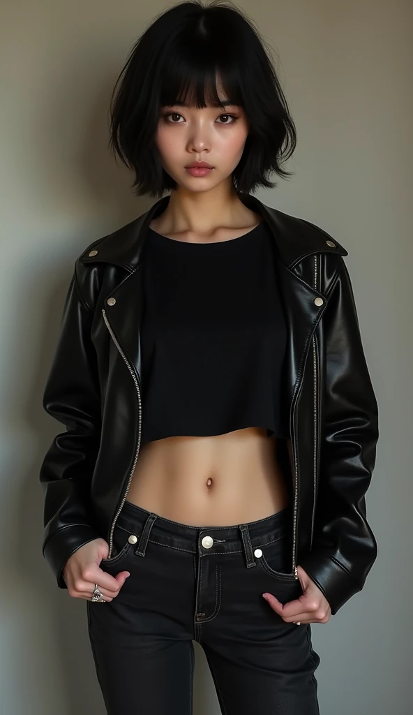 The real picture　 high image quality　 the focus is correct 　 by Nomi　 black hair　Short-haired black plain shirt 　 I can see my belly button　 girl with eight pack abs　pure　 pure 　Jeans with a short top from the crotch
The eyes are black　 upper body　dark bla...