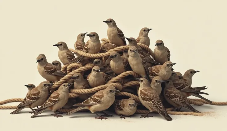 A lot of sparrows tied with a rope