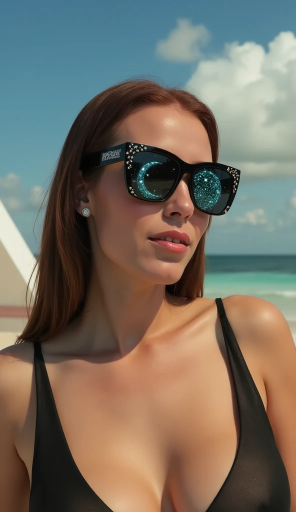 The model is wearing glass sunglasses with stars and the moon on the glass