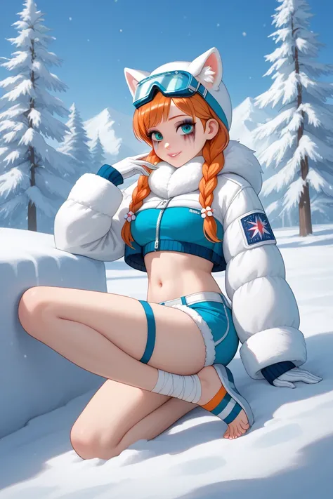 For an Arctic-inspired outfit for Orihime Inoue, while keeping her navel and feet visible, here’s the design:

Top

A cropped, fur-lined winter jacket, open in the front to expose her navel, made of thick insulated material to provide warmth.

The sleeves ...