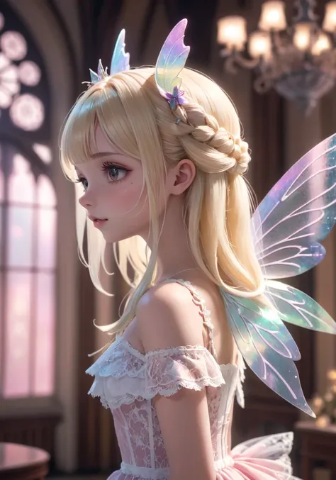  Hi-Res,  top quality,  girl, 1 girl, fairy  girl,  Iridescent Fairy Wings ,   blond hair with shoulder-length,   blurry background indoors, ,  Partial Updo , Deep Compositing,  ,  long hair,  Watch Viewers ,  Broken Lips,  profile,  Lace Lolita Dress, Alo...