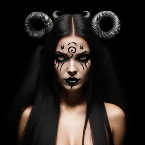 Evil demoness with a head of snake, snakes in her hair, yellow eyes
