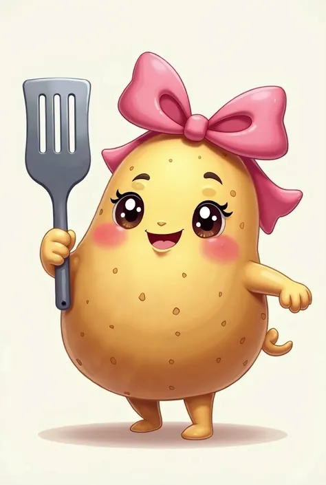 Cute potato with pink ribbon holding a spatula 2d stylized cartoon remove tail