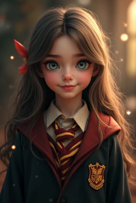 Hogwarts student,  girl with long brown hair, blue eyes, white skin, cute wearing a Hogwarts uniform.