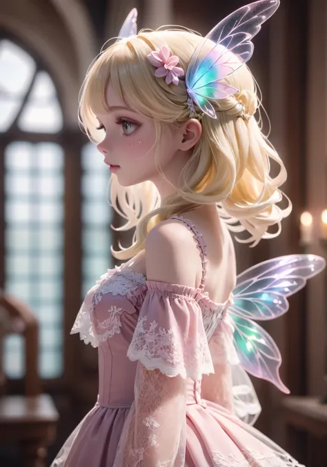  Hi-Res,  top quality,  girl, 1 girl, fairy  girl,  Iridescent Fairy Wings ,   blond hair with shoulder-length,   blurry background indoors, ,  Partial Updo , Deep Compositing,  ,  long hair,,  Broken Lips,  profile,  Lace Lolita Dress, Alone,  upper body,...