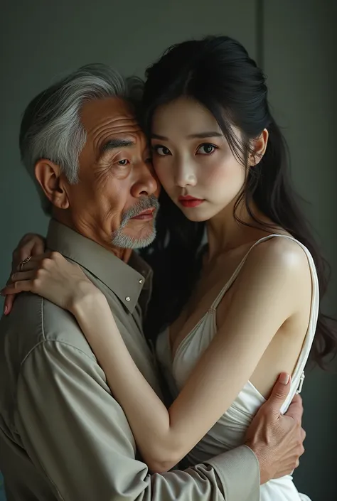 sexy beautiful Korean girl small breasts, flat chest, beautiful girl, naked, white, silk clothes wedding dress, hugging 80 year old man, she looks at the camera with a frightened look.