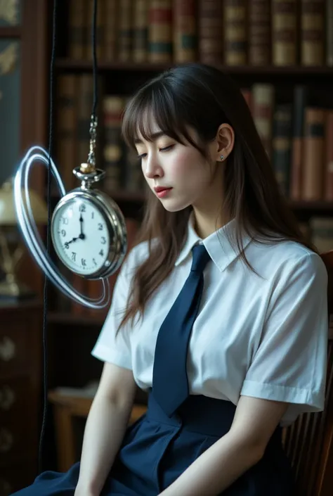 ((sexy Beautiful japanese girl, wearing a White short-sleeved shirt and  navy blue tie and short sleeve and navy blue and pencil skirt), black patent high heels) :1.5), she sitting in a classic study as the pocket watch hangs from just outside the frame, T...