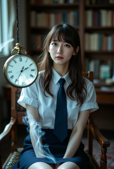 ((sexy Beautiful japanese girl, wearing a White short-sleeved shirt and  navy blue tie and short sleeve and navy blue and pencil skirt), black patent high heels) :1.5), she sitting in a classic study as the pocket watch hangs from just outside the frame, T...