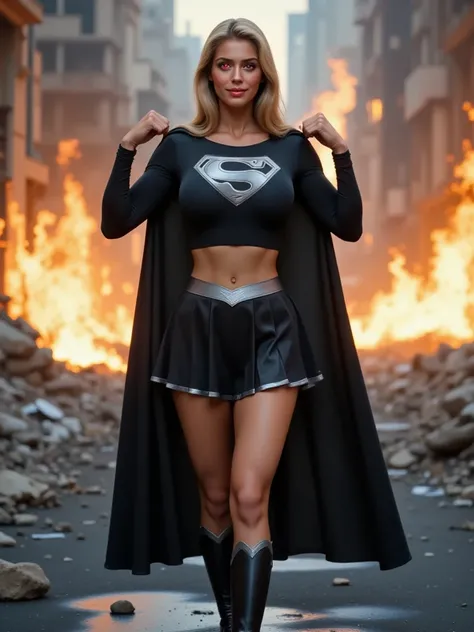 (GLOWING RED EYES) A SEXY MATURE CUTE LATINO WITH GLOWING RED EYES AND LONG BLONDE HAIR WEARING A WET SHINY FABRIC LONG SLEEVE BLACK CROP TOP WITH A SILVER "S" EMBLEM AND SILVER TRIM ON THE SLEEVES, A SHORT BLACK PLEATED SKIRT WITH A SILVER SUPERGIRL BELT,...