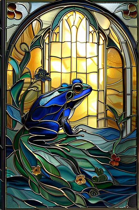 araffe silhouette of a frog in front of a stained glass window, John Coffelt , photo by pixabay contest winner, art nouveau, maxim verehin stained glass, on a stained glass window, backlit stained glass, silhouette of a frog, stained glass art, stained gla...