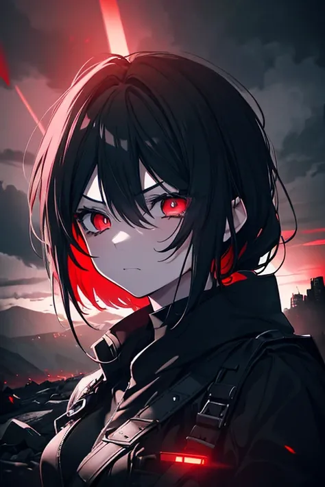 A furious girl, extremely detailed eyes and face, longeyelashes, detailed facial features, angry expression, clenched fists, red and black color scheme, dramatic lighting, dark clouds, moody atmosphere, dystopian landscape, post-apocalyptic setting, cinema...