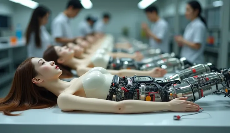 This is a high resolution professional photograph taken from above in a modern, well lit industrial plant that produces humanoid robots. It shows a row of young Japanese women lying on their backs on a table, their heads resting on the table, looking up. T...