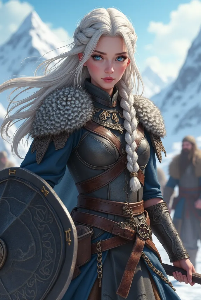 "4K anime style quality, digital drawing mode, Norse mythology-themed anime female character, braided platinum blonde hair with silver threads, steely blue eyes, wearing rugged Viking armor with intricate runes, holding a decorated shield and axe, Blur the...