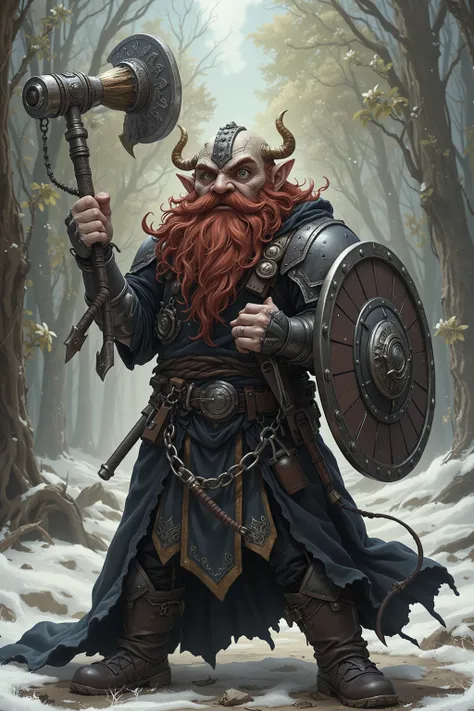 A dwarf who fights against God、（ fat、 short）、Commonly known as red beard、Angry Lion、The Monk of Darkness、large blunt instrument、Big Shield、 Black armor with black cloak 、A helmet in the shape of a horned skull、cloudy white eyes、 short limbs、Thick limbs、Vil...