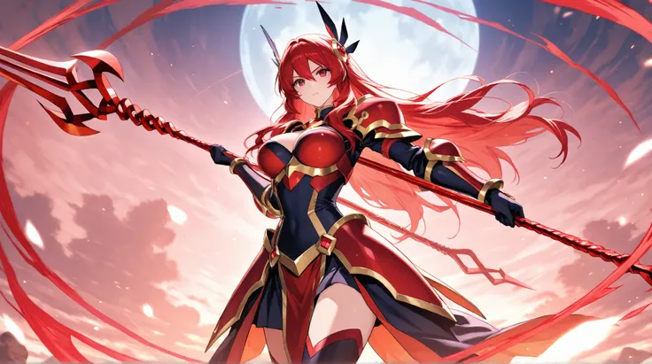 　Full of dynamism　　A beautiful woman who looks like a bright red Valkyrie attacks by throwing Longinus's spear　 long hair 