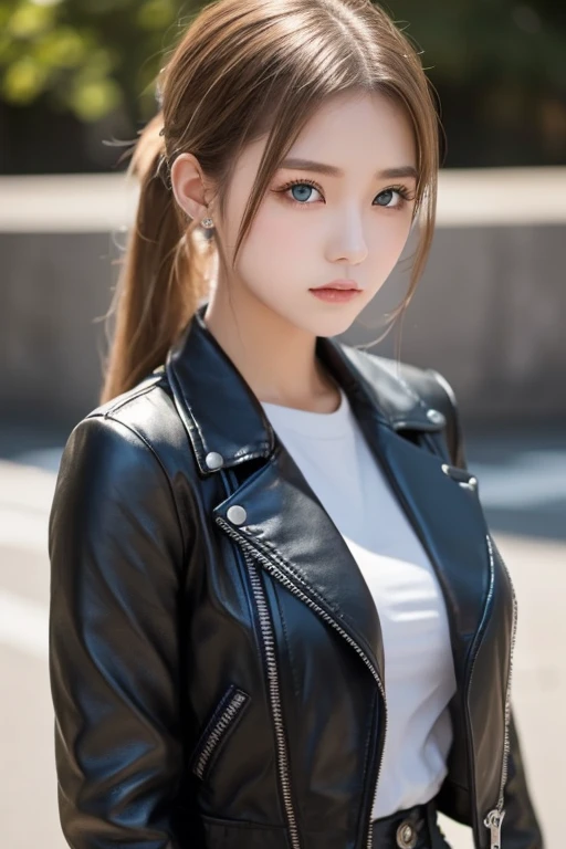 One Girl , Alone, face, portrait , long hair, ponytail, blondes, green eyes, big breasted , ( black leather jacket :1.2) , clevis on a stone, School, Empty , Stares at Viewers ,