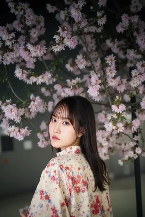 Under the cherry blossoms at night、 A cute Japanese woman in kimono illuminated by pale light。Elegant Japanese atmosphere and 、 fantastic scene with mystical backlighting 、 ultra-fine details and beautiful color expression 。








