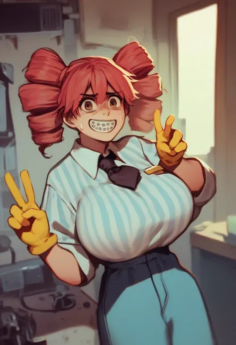  score _9,  score _8_arriba,   source  _animated,
Asanagi, by muk  \(Mister\)
BREAK,
1 girl,Grinder roof ,  kasane Teto ,
striped shirt,  Yellow gloves, black tie, braces,  reds, has,
Doble V,
 nervous smile, sweatdrop, sweat,
 indoors,  huge breasts